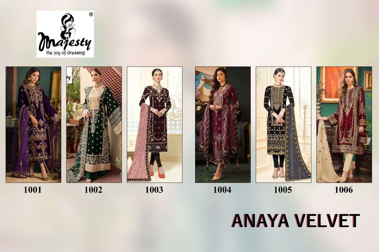 ANAYA VELVET BY MAJESTY 1001 TO 1006 SERIES PAKISTANI SUITS BEAUTIFUL FANCY COLORFUL STYLISH PARTY WEAR & OCCASIONAL WEAR VELVET EMBROIDERED DRESSES AT WHOLESALE PRICE