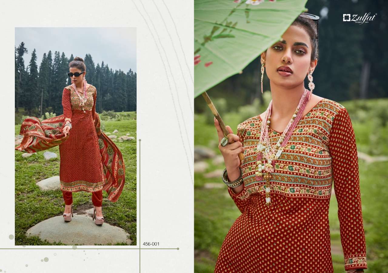 Winter Nova By Zulfat 456-001 To 456-010 Series Beautiful Festive Suits Colorful Stylish Fancy Casual Wear & Ethnic Wear Pure Pashmina Print With Embroidered Dresses At Wholesale Price