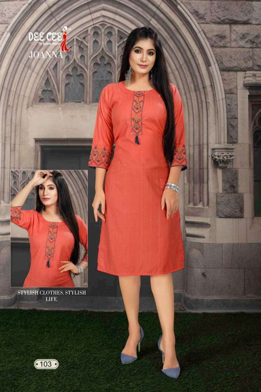 JOANNA BY DEE CEE 101 TO 106 SERIES DESIGNER STYLISH FANCY COLORFUL BEAUTIFUL PARTY WEAR & ETHNIC WEAR COLLECTION RAYON FOIL KURTIS AT WHOLESALE PRICE