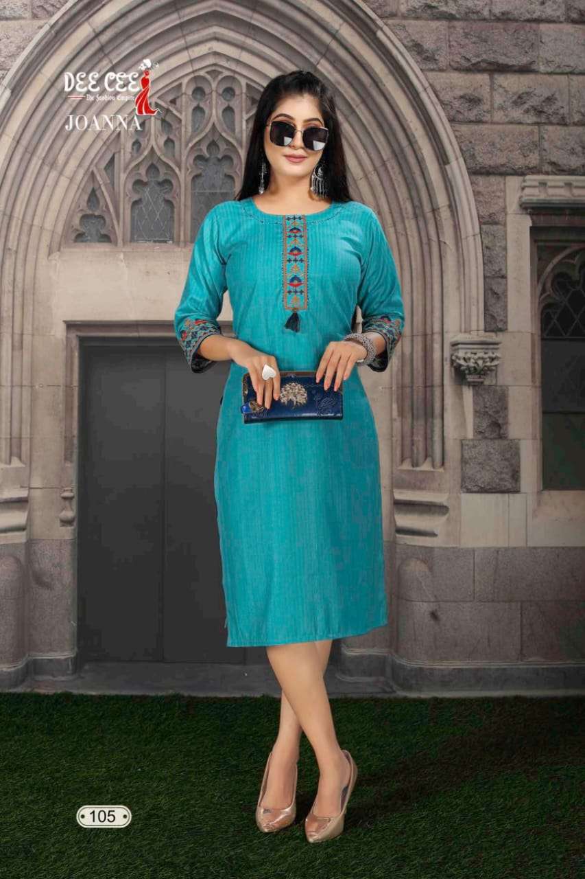 JOANNA BY DEE CEE 101 TO 106 SERIES DESIGNER STYLISH FANCY COLORFUL BEAUTIFUL PARTY WEAR & ETHNIC WEAR COLLECTION RAYON FOIL KURTIS AT WHOLESALE PRICE