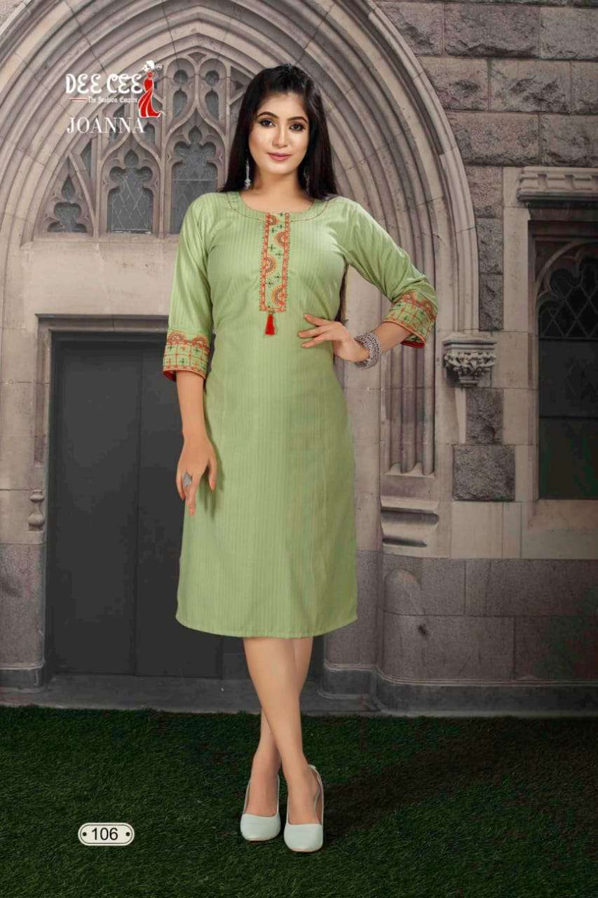 JOANNA BY DEE CEE 101 TO 106 SERIES DESIGNER STYLISH FANCY COLORFUL BEAUTIFUL PARTY WEAR & ETHNIC WEAR COLLECTION RAYON FOIL KURTIS AT WHOLESALE PRICE