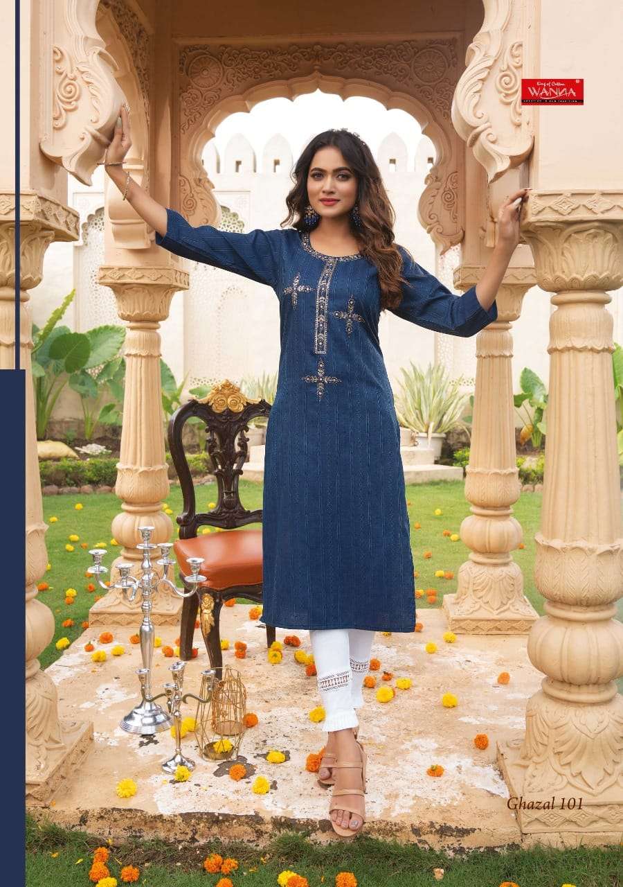 GHAZAL BY WANNA 101 TO 107 SERIES DESIGNER STYLISH FANCY COLORFUL BEAUTIFUL PARTY WEAR & ETHNIC WEAR COLLECTION RAYON FOIL KURTIS AT WHOLESALE PRICE