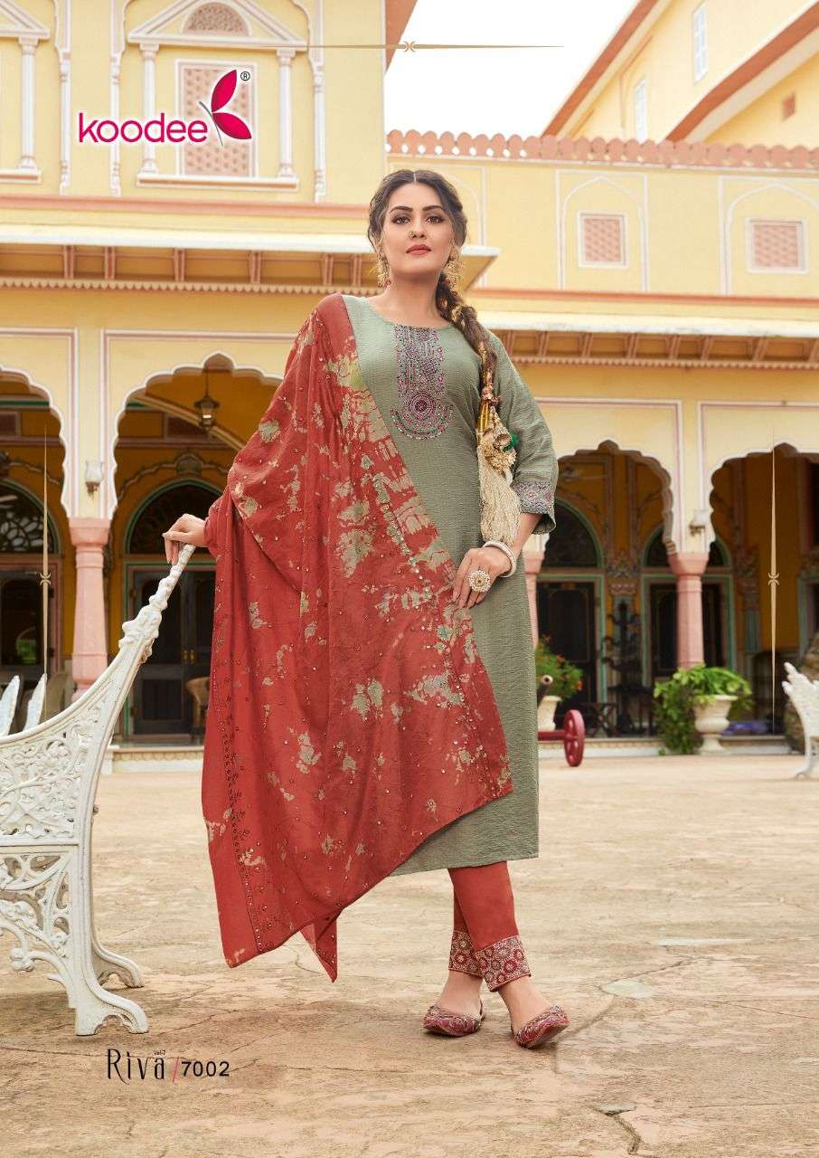RIVA VOL-7 BY KOODEE 7001 TO 7006 SERIES BEAUTIFUL SUITS COLORFUL STYLISH FANCY CASUAL WEAR & ETHNIC WEAR NYLON VISCOSE DRESSES AT WHOLESALE PRICE