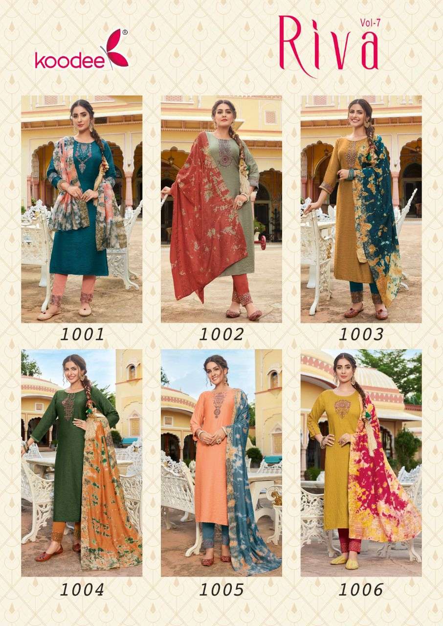RIVA VOL-7 BY KOODEE 7001 TO 7006 SERIES BEAUTIFUL SUITS COLORFUL STYLISH FANCY CASUAL WEAR & ETHNIC WEAR NYLON VISCOSE DRESSES AT WHOLESALE PRICE
