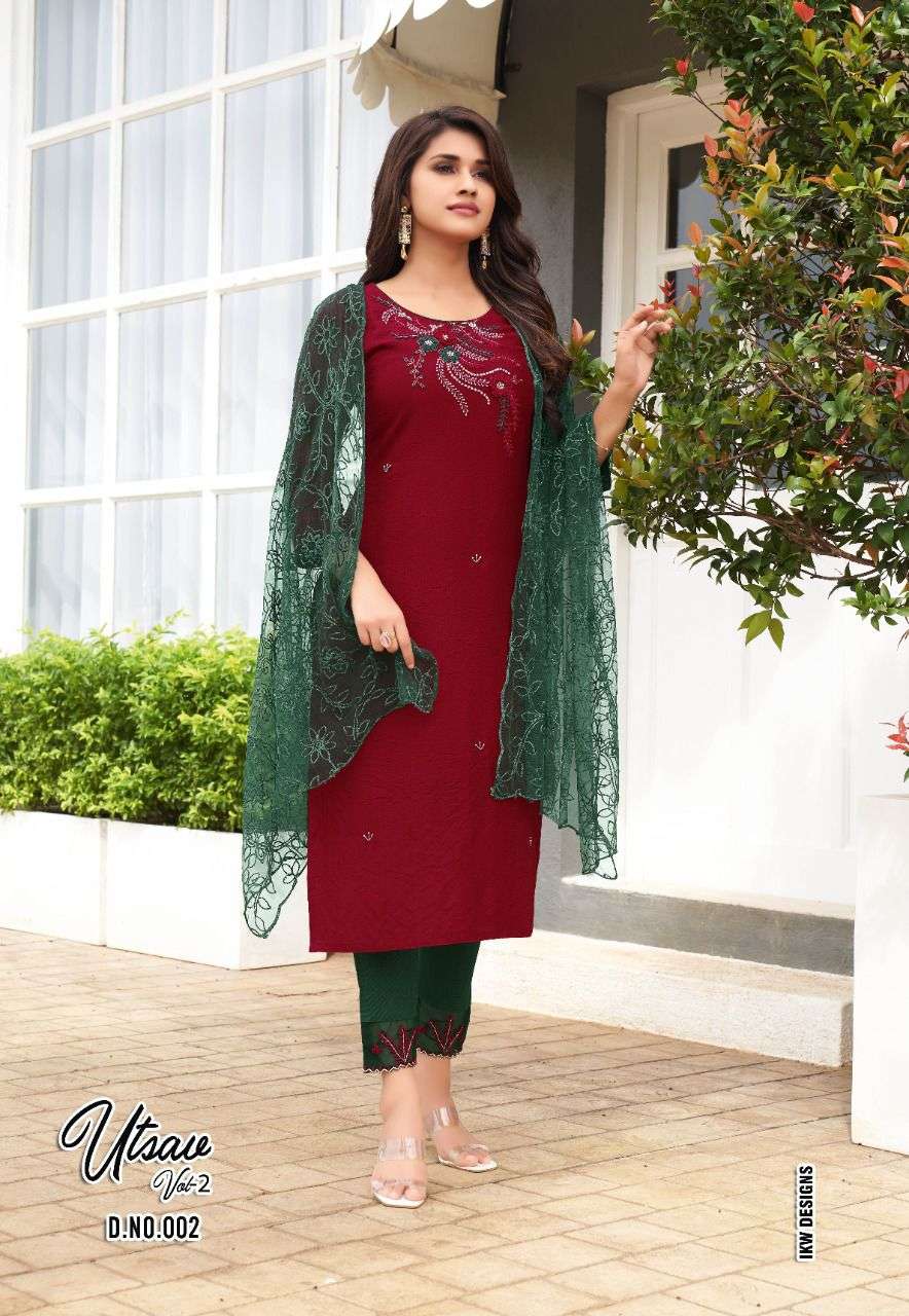 UTSAV VOL-2 BY IKW 001 TO 006 SERIES BEAUTIFUL SUITS COLORFUL STYLISH FANCY CASUAL WEAR & ETHNIC WEAR VISCOSE SILK DRESSES AT WHOLESALE PRICE