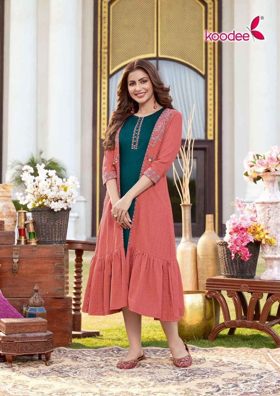 SARAH BY KOODEE 1001 TO 1004 SERIES BEAUTIFUL STYLISH FANCY COLORFUL CASUAL WEAR & ETHNIC WEAR CHINNON KURTIS WITH SHRUG AT WHOLESALE PRICE