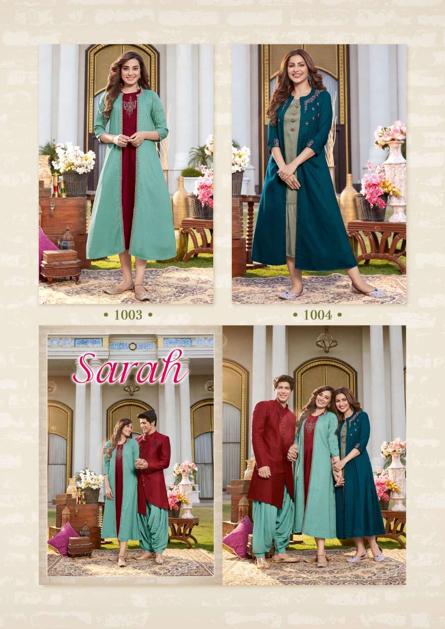SARAH BY KOODEE 1001 TO 1004 SERIES BEAUTIFUL STYLISH FANCY COLORFUL CASUAL WEAR & ETHNIC WEAR CHINNON KURTIS WITH SHRUG AT WHOLESALE PRICE