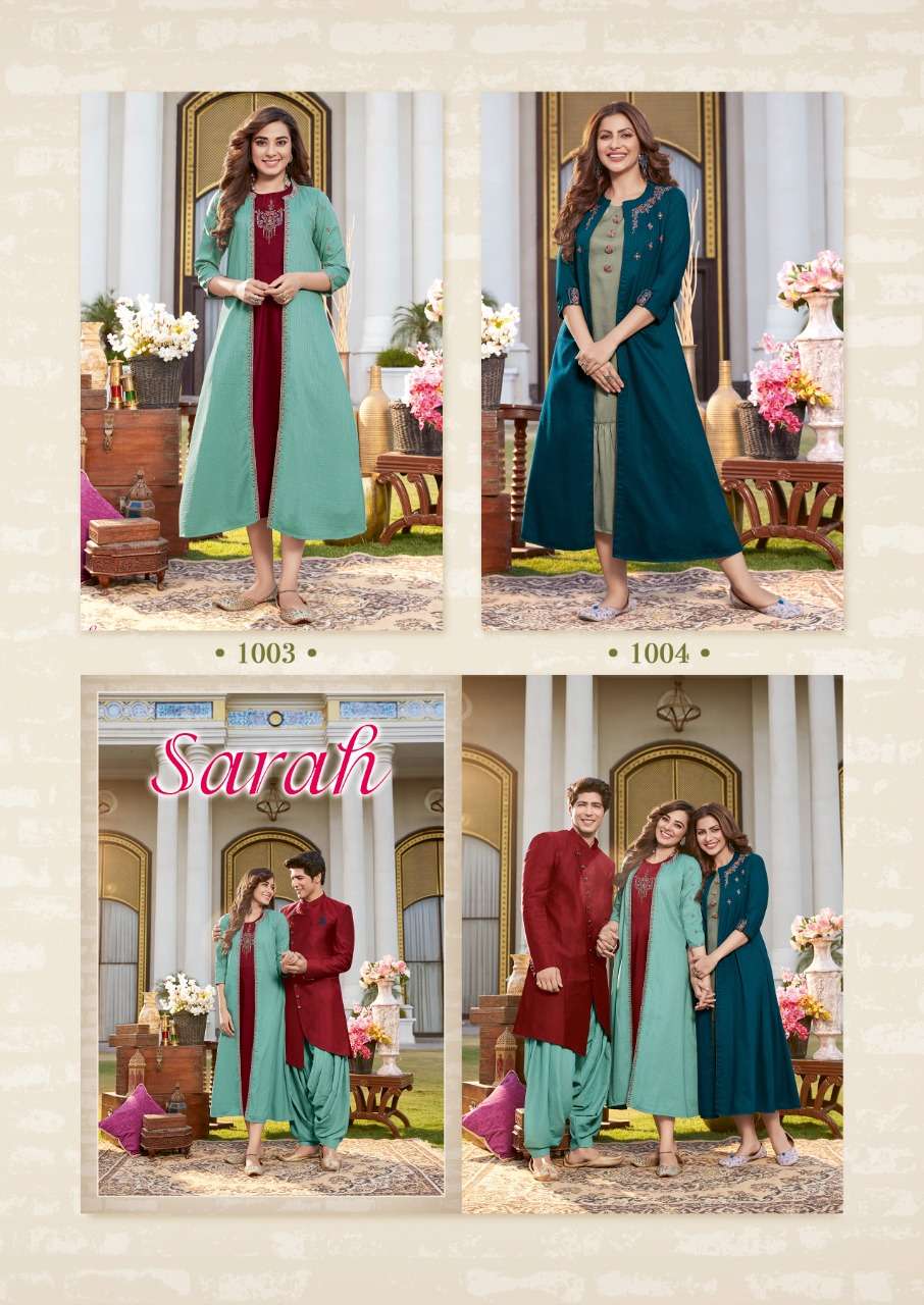 Sarah By Koodee 1001 To 1004 Series Beautiful Stylish Fancy Colorful Casual Wear & Ethnic Wear & Ready To Wear Chinnon Kurtis With Shrug At Wholesale Price