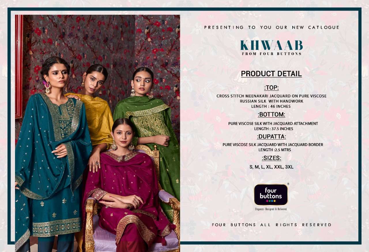 KHWAAB BY FOUR BUTTONS 2031 TO 2036 SERIES BEAUTIFUL SUITS COLORFUL STYLISH FANCY CASUAL WEAR & ETHNIC WEAR PURE VISCOSE SILK DRESSES AT WHOLESALE PRICE