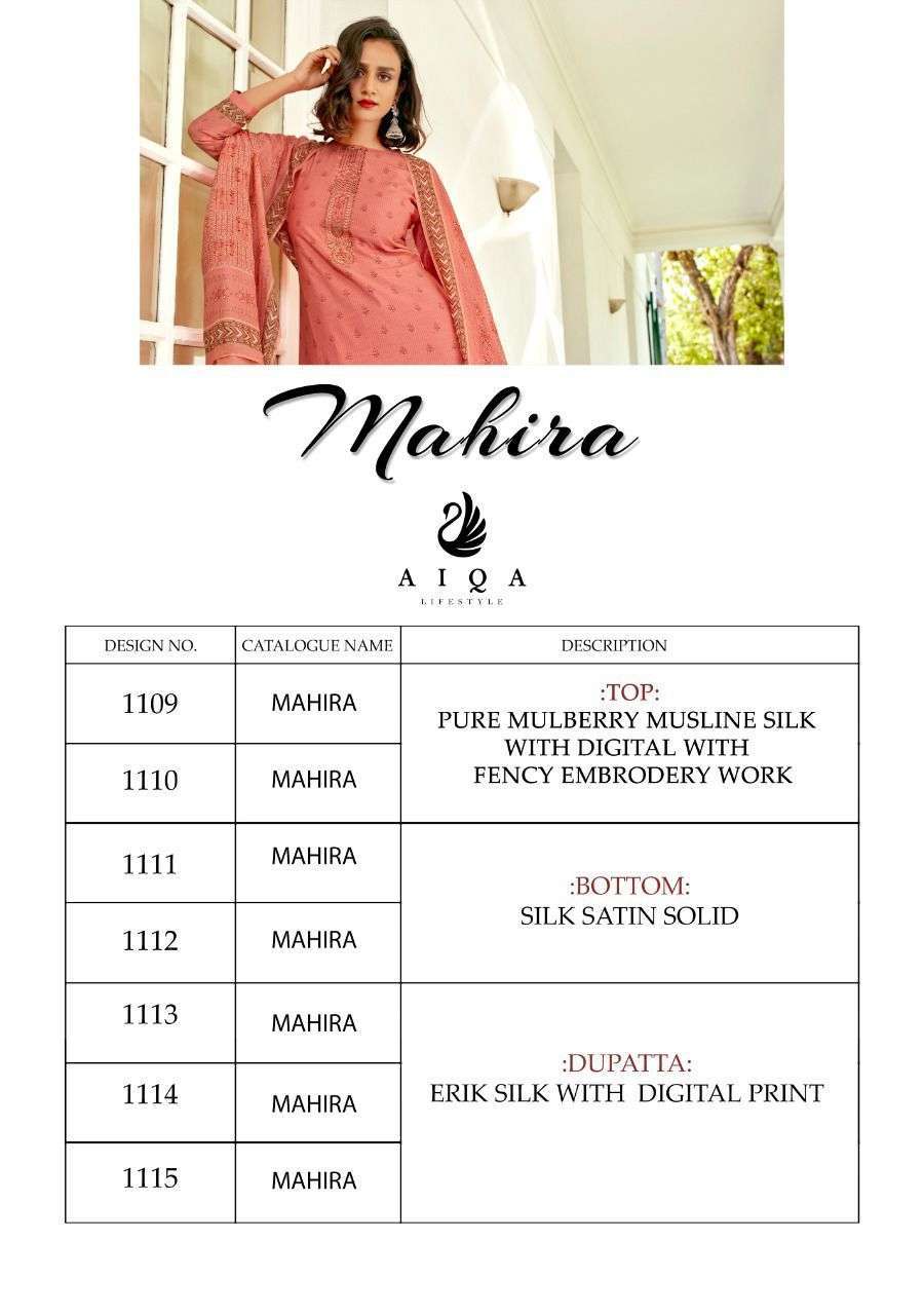 MAHIRA BY AIQA 1109 TO 1115 SERIES BEAUTIFUL SUITS STYLISH FANCY COLORFUL PARTY WEAR & OCCASIONAL WEAR MUSLIN SILK DRESSES AT WHOLESALE PRICE