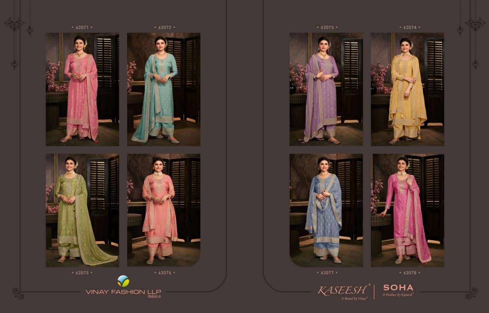 KASEESH SOHA BY VINAY FASHION 62071 TO 62078 SERIES BEAUTIFUL SUITS COLORFUL STYLISH FANCY CASUAL WEAR & ETHNIC WEAR DOLA JACQUARD DRESSES AT WHOLESALE PRICE