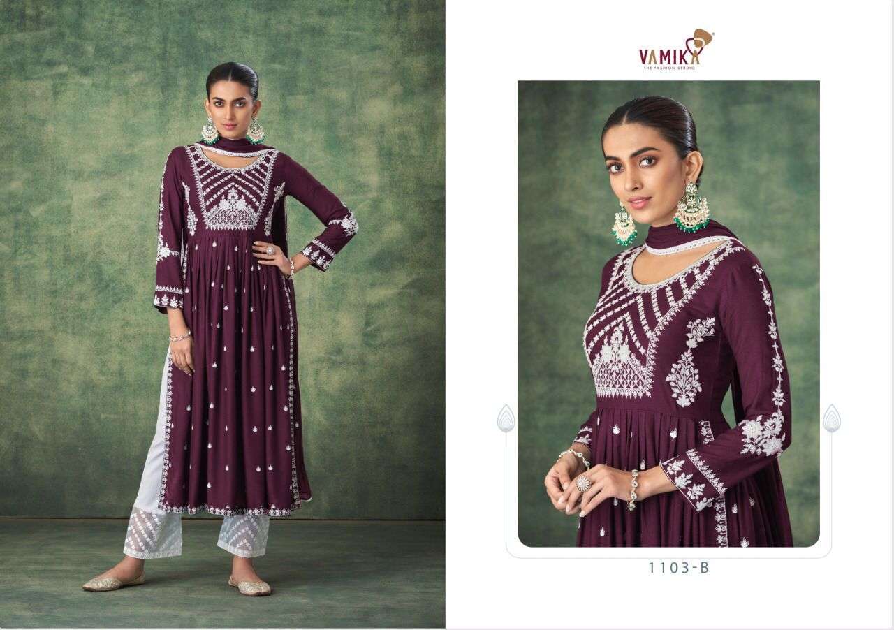 AADHIRA BY VAMIKA 1103-A TO 1103-E SERIES BEAUTIFUL SUITS COLORFUL STYLISH FANCY CASUAL WEAR & ETHNIC WEAR VISCOSE RAYON DRESSES AT WHOLESALE PRICE