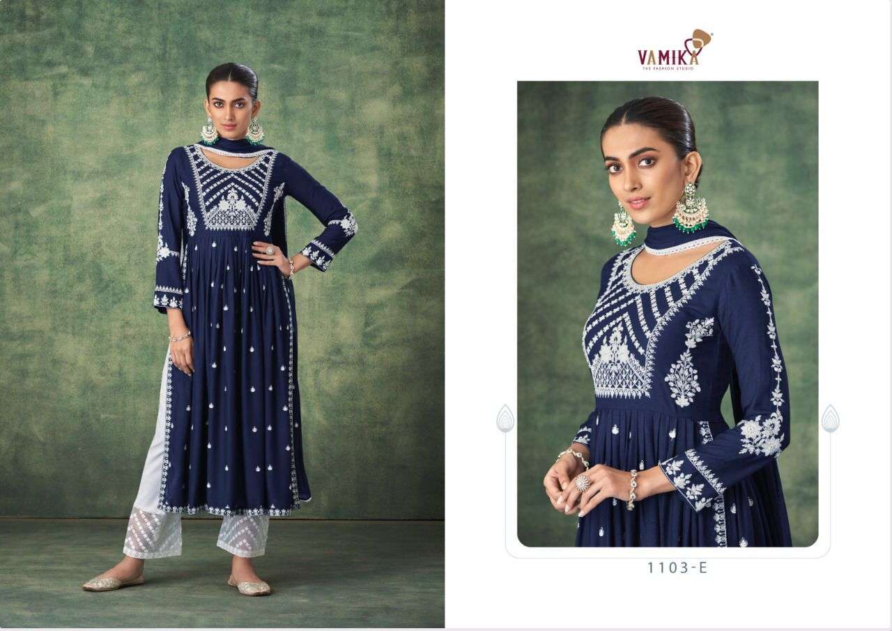 AADHIRA BY VAMIKA 1103-A TO 1103-E SERIES BEAUTIFUL SUITS COLORFUL STYLISH FANCY CASUAL WEAR & ETHNIC WEAR VISCOSE RAYON DRESSES AT WHOLESALE PRICE
