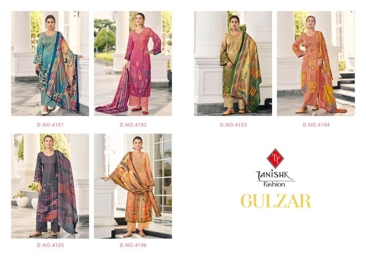 GULZAR BY TANISHK FASHION 4101 TO 4106 SERIES BEAUTIFUL SUITS COLORFUL STYLISH FANCY CASUAL WEAR & ETHNIC WEAR PASHMINA PRINT WITH WORK DRESSES AT WHOLESALE PRICE
