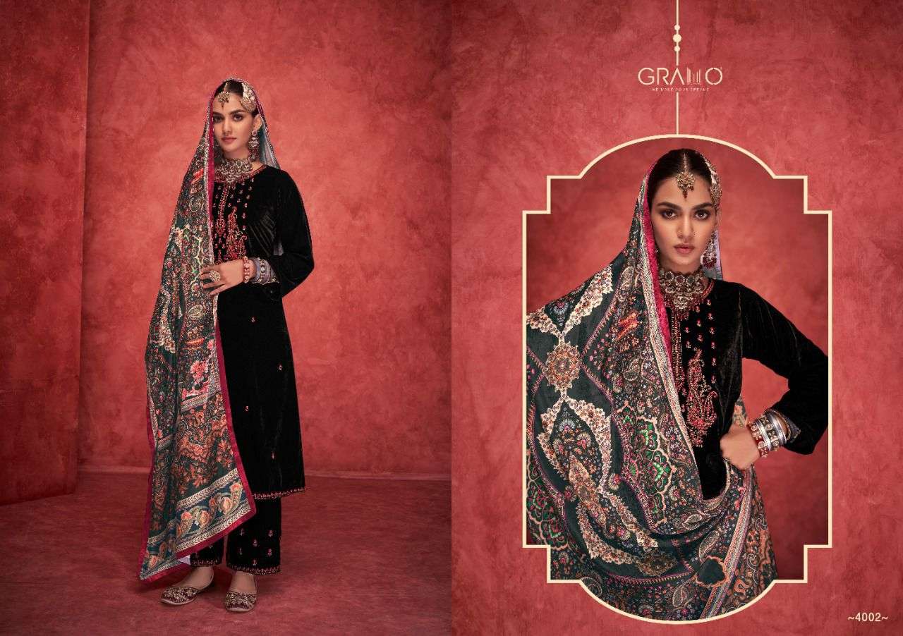 VELVET VOL-6 BY GRAMO 4001 TO 4004 SERIES BEAUTIFUL SUITS COLORFUL STYLISH FANCY CASUAL WEAR & ETHNIC WEAR HEAVY VELVET DRESSES AT WHOLESALE PRICE