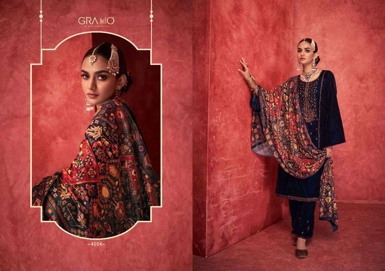 VELVET VOL-6 BY GRAMO 4001 TO 4004 SERIES BEAUTIFUL SUITS COLORFUL STYLISH FANCY CASUAL WEAR & ETHNIC WEAR HEAVY VELVET DRESSES AT WHOLESALE PRICE
