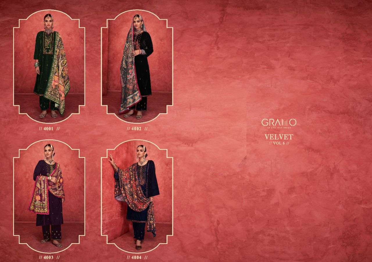 VELVET VOL-6 BY GRAMO 4001 TO 4004 SERIES BEAUTIFUL SUITS COLORFUL STYLISH FANCY CASUAL WEAR & ETHNIC WEAR HEAVY VELVET DRESSES AT WHOLESALE PRICE