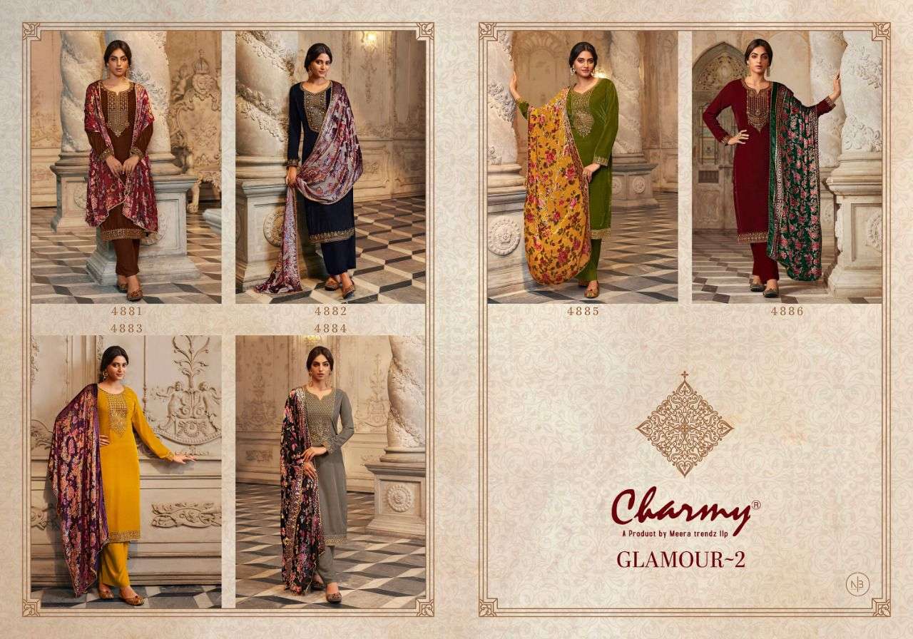 GLAMOUR VOL-2 BY CHARMY 4881 TO 4886 SERIES BEAUTIFUL SUITS COLORFUL STYLISH FANCY CASUAL WEAR & ETHNIC WEAR VELVET DYED DRESSES AT WHOLESALE PRICE