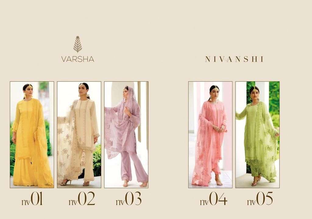 NIVANSHI BY VARSHA 01 TO 05 SERIES SUITS BEAUTIFUL FANCY COLORFUL STYLISH PARTY WEAR & OCCASIONAL WEAR PURE VISCOSE ORGANZA EMBROIDERY DRESSES AT WHOLESALE PRICE