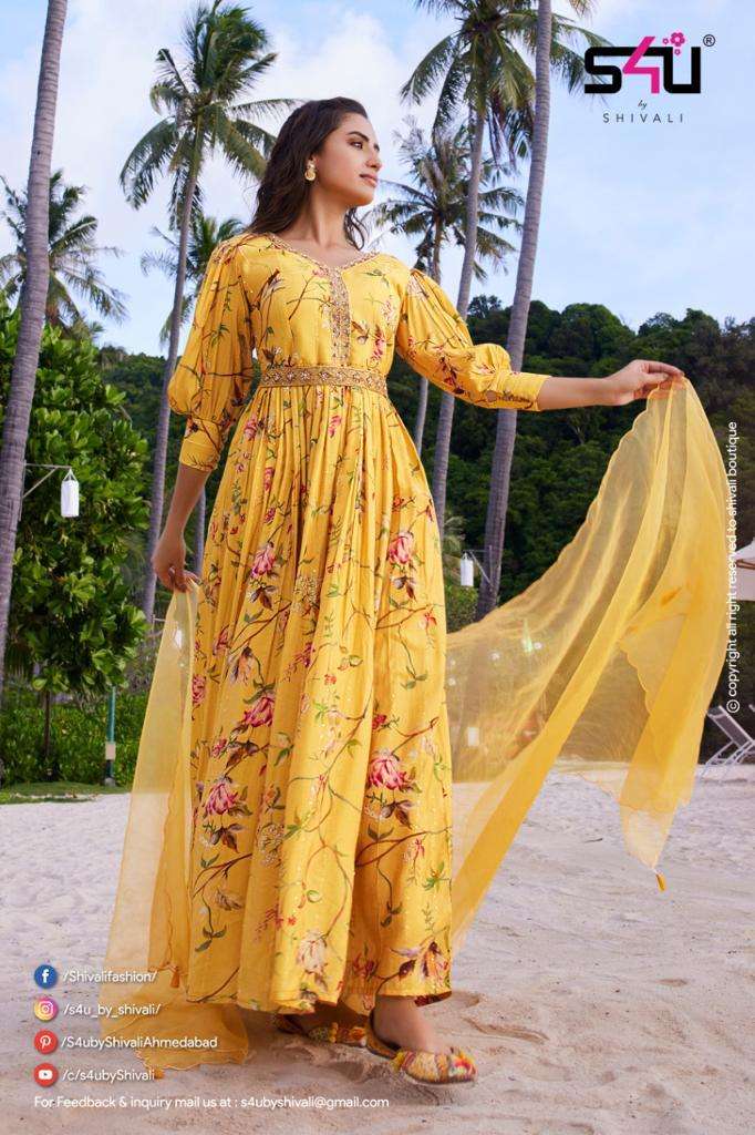 MASAKALI BY S4U FASHION 01 TO 05 SERIES BEAUTIFUL STYLISH FANCY COLORFUL CASUAL WEAR & ETHNIC WEAR MUSLIN GOWNS WITH DUPATTA AT WHOLESALE PRICE
