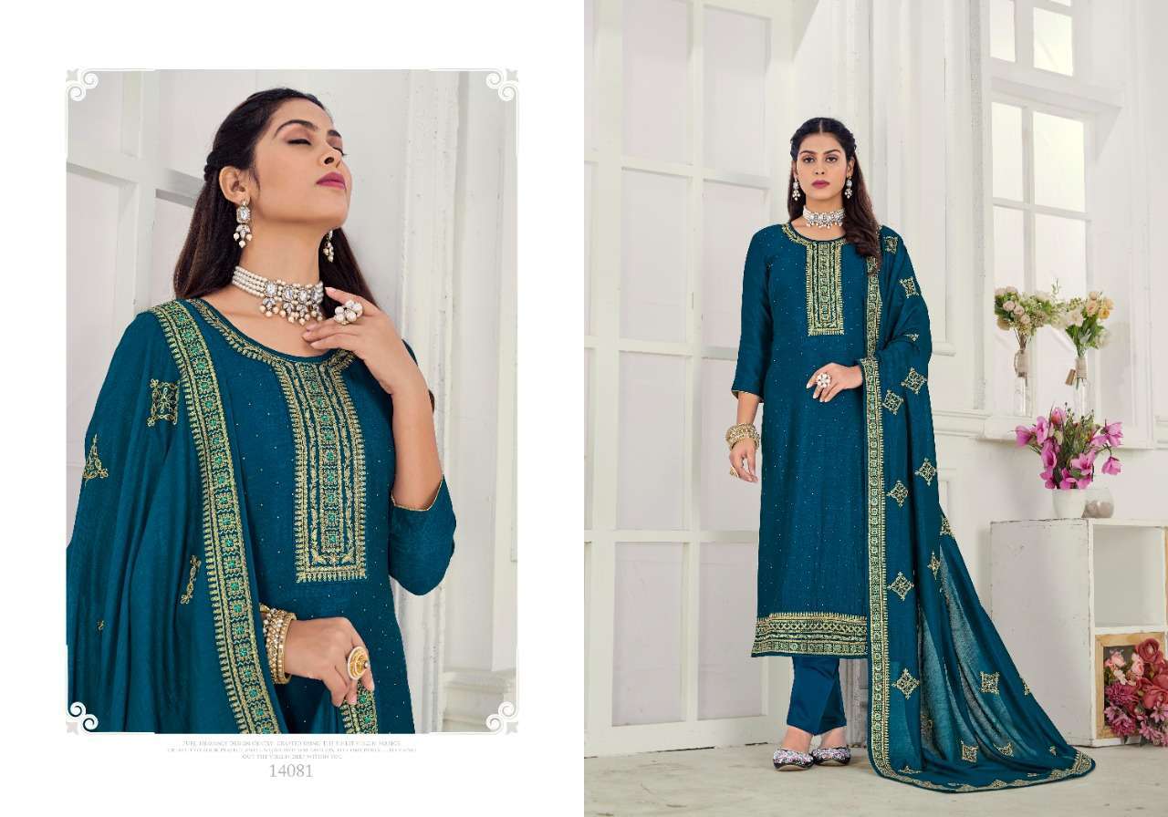 KALAVRUTI BY PANCH RATNA 14081 TO 14085 SERIES SUITS BEAUTIFUL FANCY COLORFUL STYLISH PARTY WEAR & OCCASIONAL WEAR PURE VICHITRA SILK DRESSES AT WHOLESALE PRICE