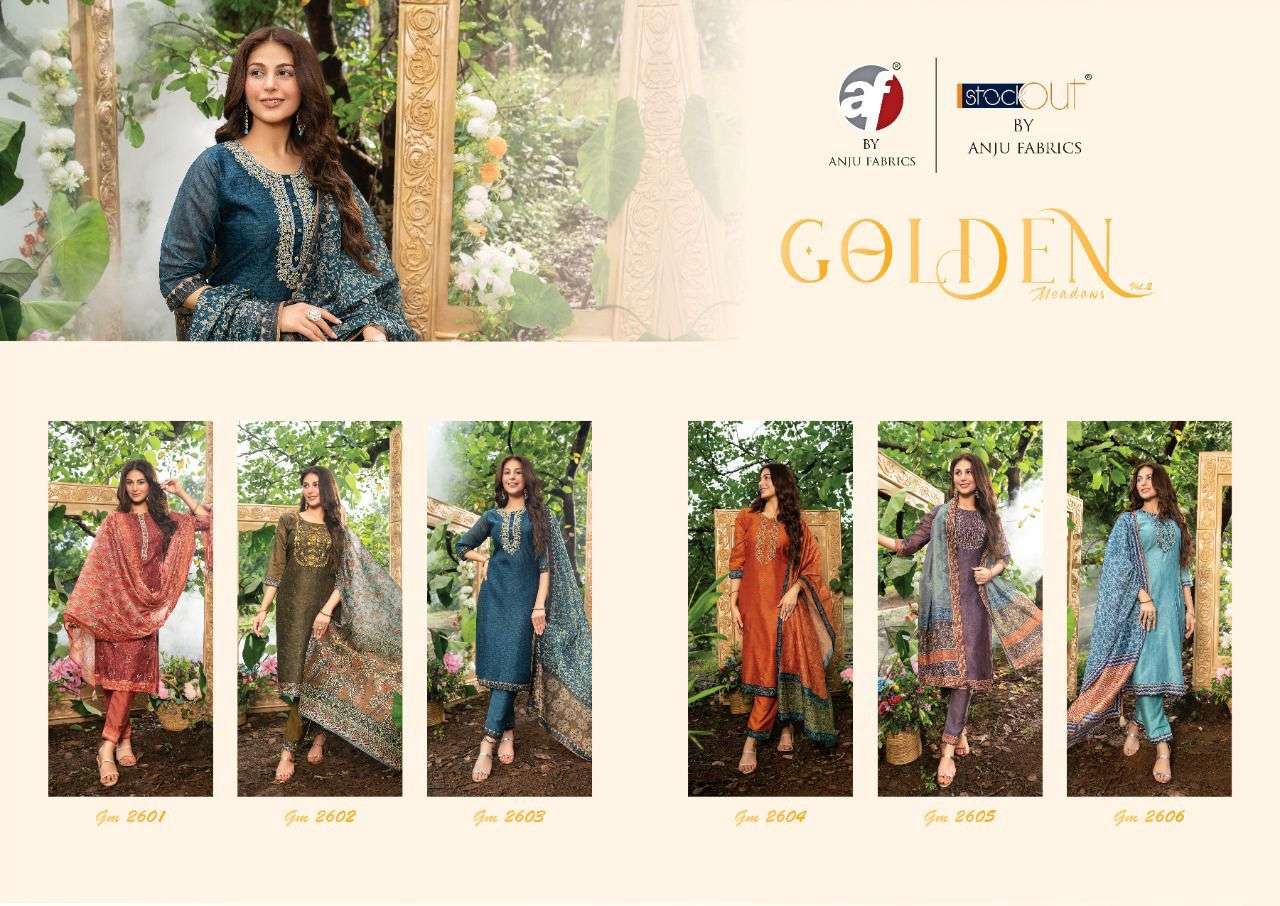 Golden Meadows Vol-2 By Anju Fabrics 2601 To 2606 Series Designer Festive Suits Collection Beautiful Stylish Fancy Colorful Party Wear & Occasional Wear Pure Chanderi Silk Dresses At Wholesale Price
