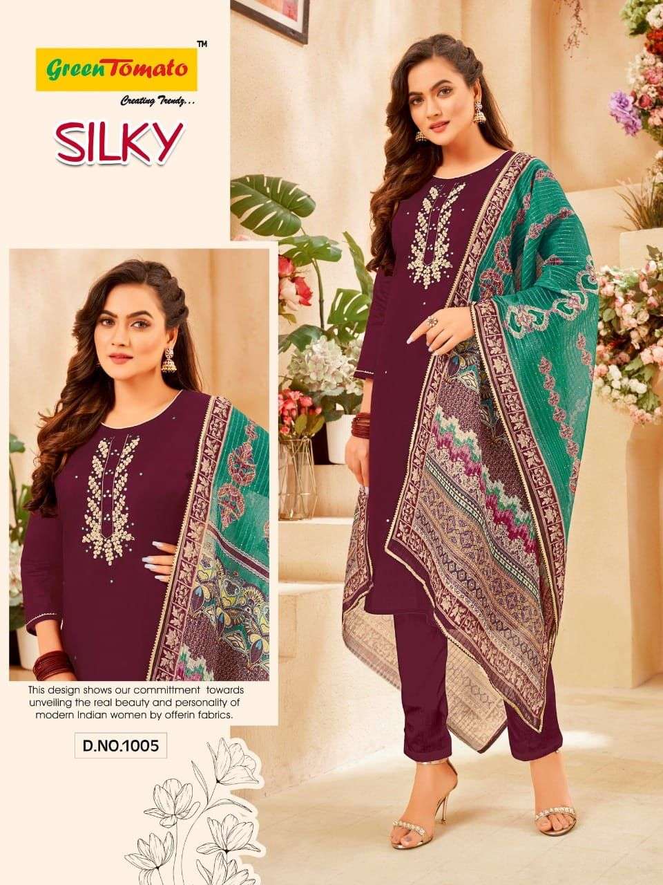 SILKY BY GREEN TOMATO 1001 TO 1008 SERIES BEAUTIFUL SUITS COLORFUL STYLISH FANCY CASUAL WEAR & ETHNIC WEAR CHANDERI DRESSES AT WHOLESALE PRICE