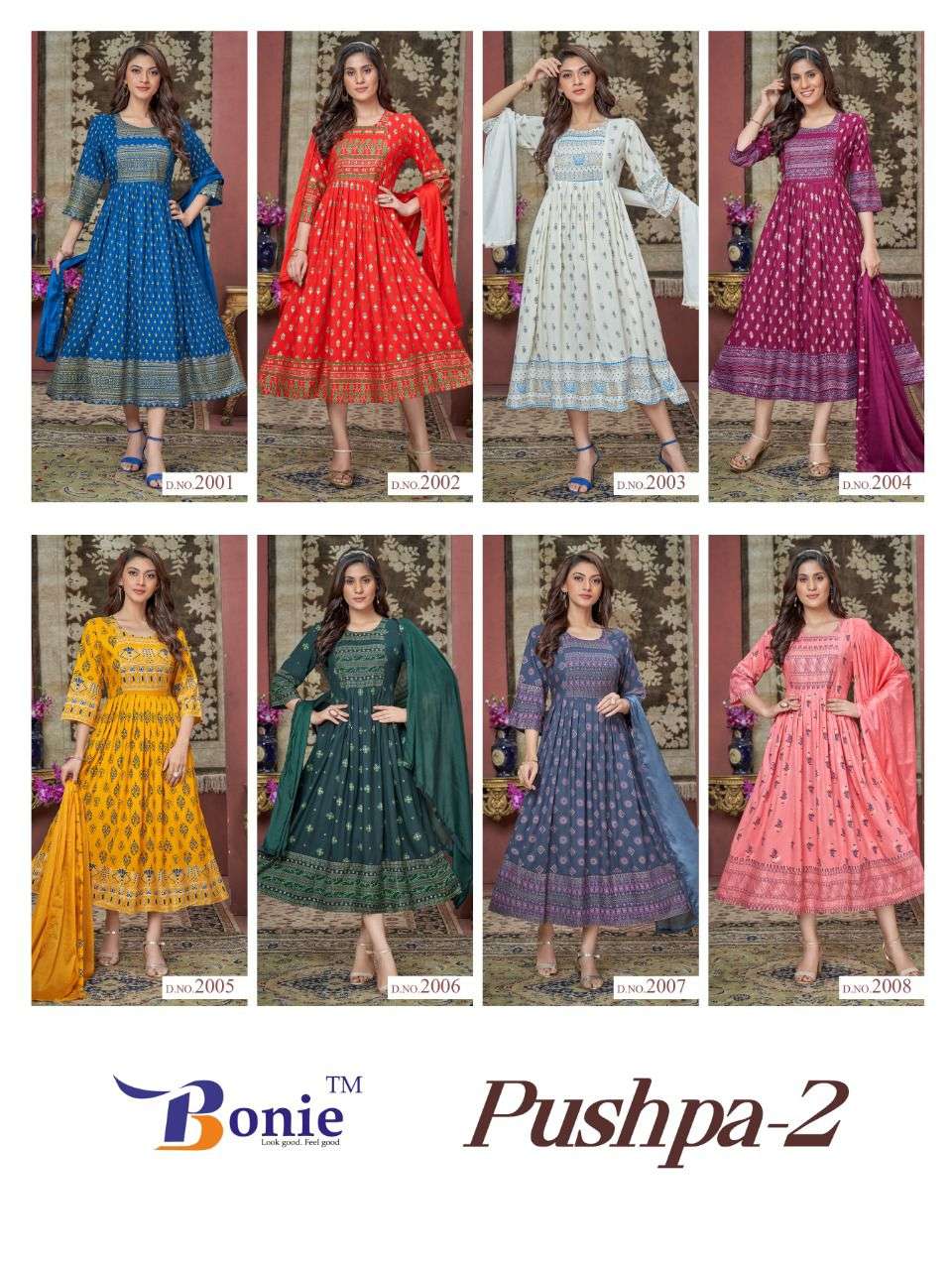 PUSHPA VOL-2 BY BONIE 2001 TO 2008 SERIES BEAUTIFUL STYLISH FANCY COLORFUL CASUAL WEAR & ETHNIC WEAR PURE RAYON KURTI WITH DUPATTA AT WHOLESALE PRICE