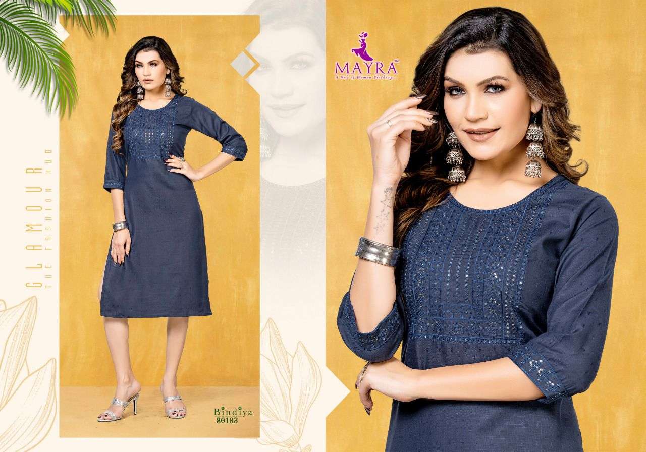 BINDIYA BY MAYRA 80103 TO 80110 SERIES BEAUTIFUL STYLISH FANCY COLORFUL CASUAL WEAR & ETHNIC WEAR COTTON EMBROIDERED KURTIS AT WHOLESALE PRICE