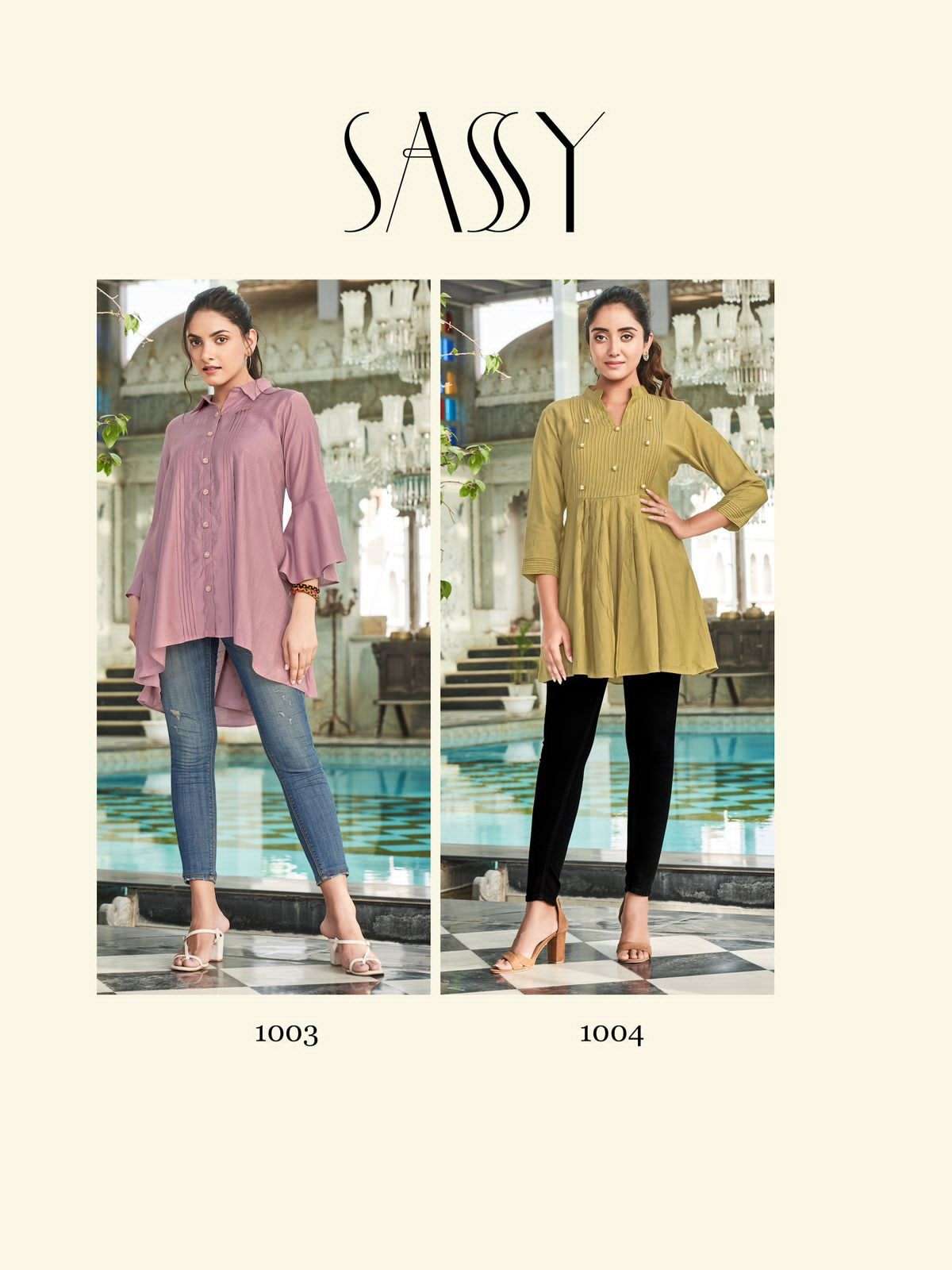SASSY BY KURTI TIMES 1001 TO 1004 SERIES BEAUTIFUL STYLISH FANCY COLORFUL CASUAL WEAR & ETHNIC WEAR VISCOSE WITH WORK TOPS AT WHOLESALE PRICE