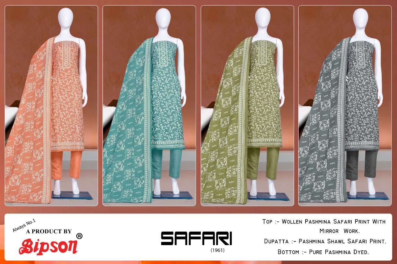 SAFARI-1961 BY BIPSON 1961-A TO 1961-D SERIES DESIGNER SUITS BEAUTIFUL STYLISH FANCY COLORFUL PARTY WEAR & ETHNIC WEAR PASHMINA PRINT DRESSES AT WHOLESALE PRICE
