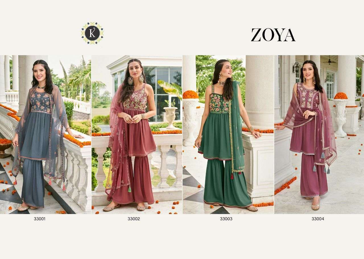 Zoya By Kalki 33001 To 33004 Series Beautiful Stylish Sharara Suits Fancy Colorful Casual Wear & Ethnic Wear & Ready To Wear Pure Viscose Satin Silk Embroidered Dresses At Wholesale Price