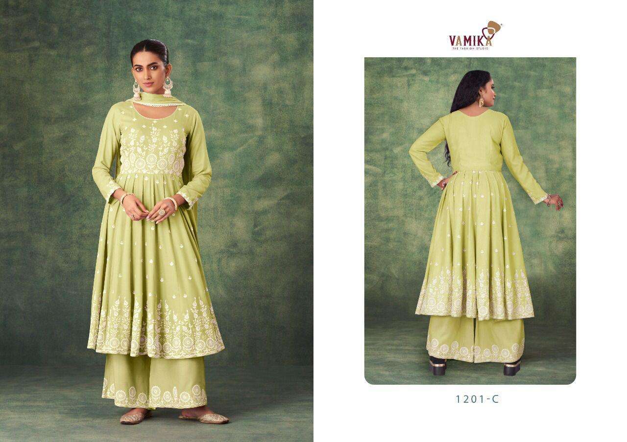 SAKHI BY VAMIKA 1201-A TO 1201-E SERIES BEAUTIFUL SHARARA SUITS COLORFUL STYLISH FANCY CASUAL WEAR & ETHNIC WEAR HEAVY RAYON WITH WORK DRESSES AT WHOLESALE PRICE