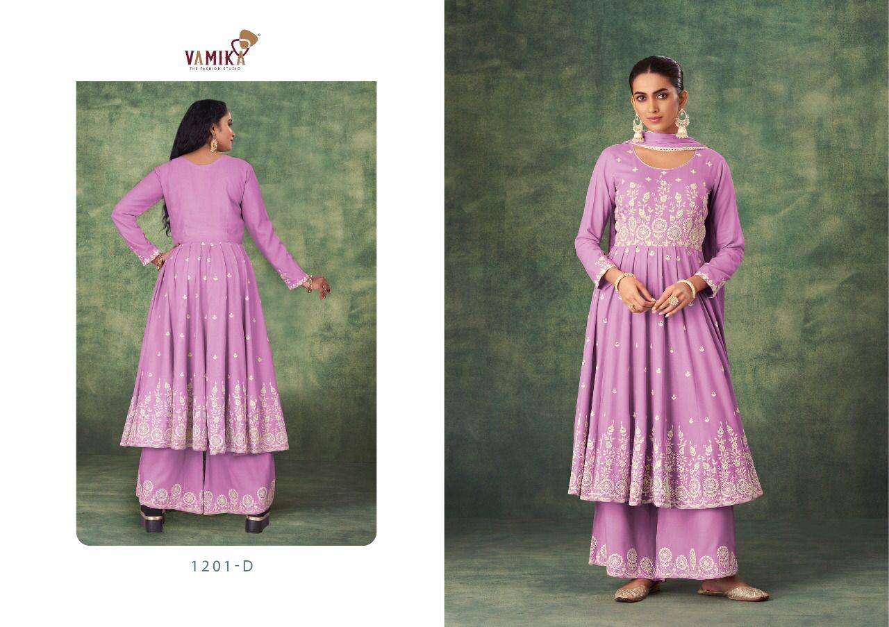 SAKHI BY VAMIKA 1201-A TO 1201-E SERIES BEAUTIFUL SHARARA SUITS COLORFUL STYLISH FANCY CASUAL WEAR & ETHNIC WEAR HEAVY RAYON WITH WORK DRESSES AT WHOLESALE PRICE