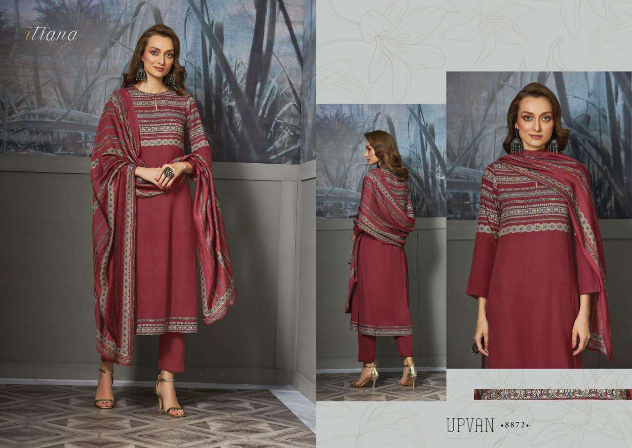 UPVAN BY ITRANA DESIGNER SUITS BEAUTIFUL FANCY COLORFUL STYLISH PARTY WEAR & OCCASIONAL WEAR STAPLE TWILL DRESSES AT WHOLESALE PRICE