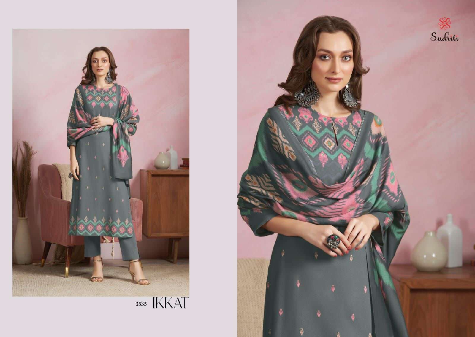 IKKAT BY SUDRITI BEAUTIFUL SUITS COLORFUL STYLISH FANCY CASUAL WEAR & ETHNIC WEAR PURE PASHMINA PRINT DRESSES AT WHOLESALE PRICE