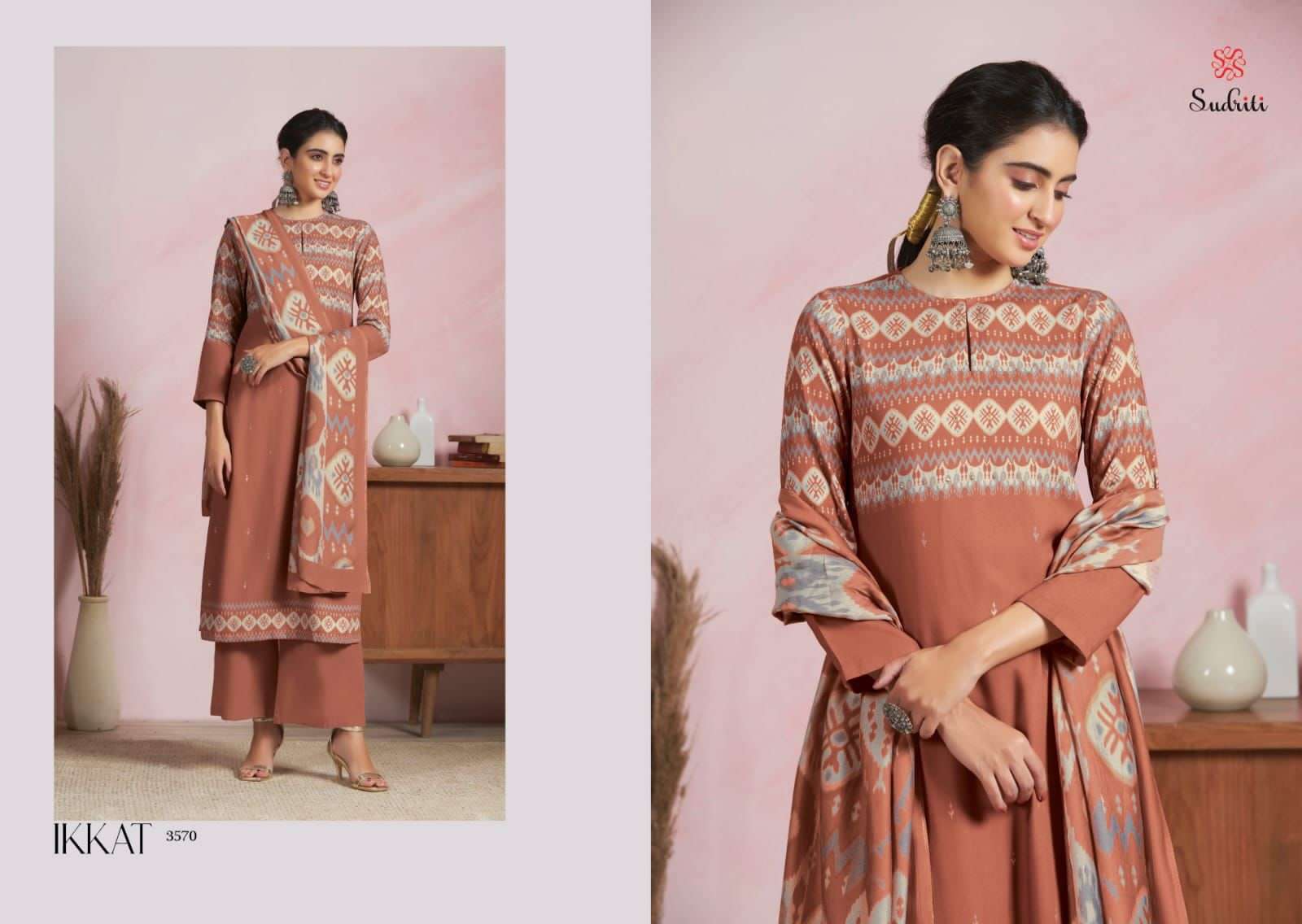 IKKAT BY SUDRITI BEAUTIFUL SUITS COLORFUL STYLISH FANCY CASUAL WEAR & ETHNIC WEAR PURE PASHMINA PRINT DRESSES AT WHOLESALE PRICE