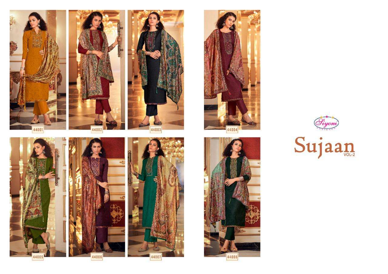 SUJAAN VOL-2 BY SIYONI 44001 TO 44008 SERIES BEAUTIFUL SUITS COLORFUL STYLISH FANCY CASUAL WEAR & ETHNIC WEAR PURE PASHMINA DIGITAL PRINT EMBROIDERED DRESSES AT WHOLESALE PRICE