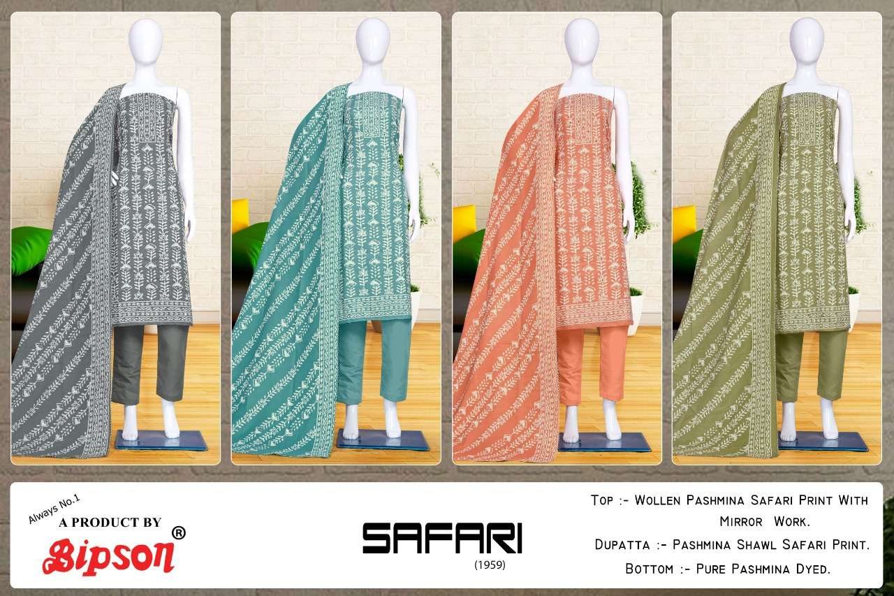 SAFARI-1959 BY BIPSON 1959-A TO 1959-D SERIES BEAUTIFUL STYLISH SUITS FANCY COLORFUL CASUAL WEAR & ETHNIC WEAR & READY TO WEAR PASHMINA PRINT WITH WORK DRESSES AT WHOLESALE PRICE