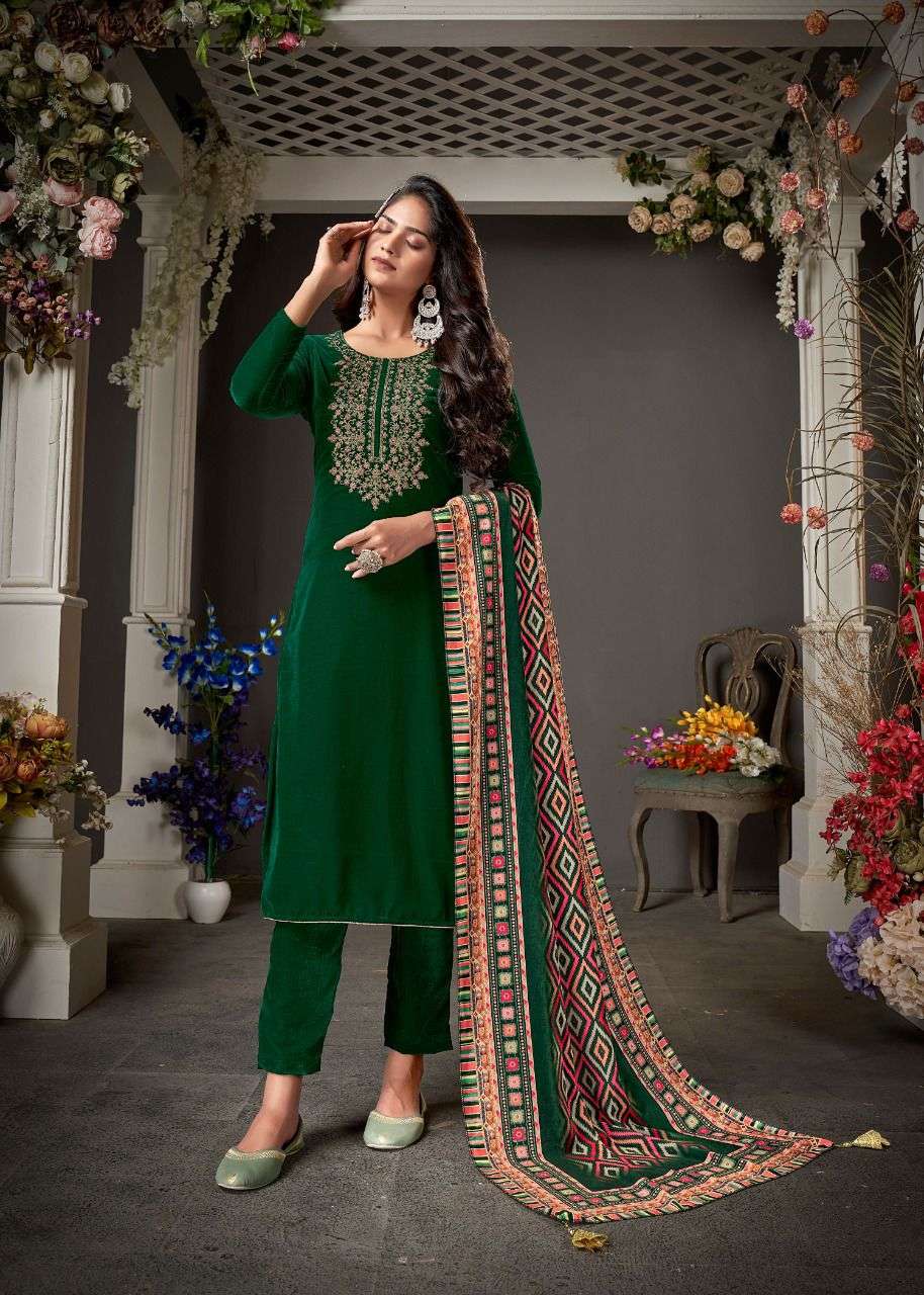 AMIRAA VOL-1 BY BIPSON 1001 TO 1004 SERIES BEAUTIFUL STYLISH SUITS FANCY COLORFUL CASUAL WEAR & ETHNIC WEAR & READY TO WEAR PURE VISCOSE VELVET EMBROIDERED DRESSES AT WHOLESALE PRICE