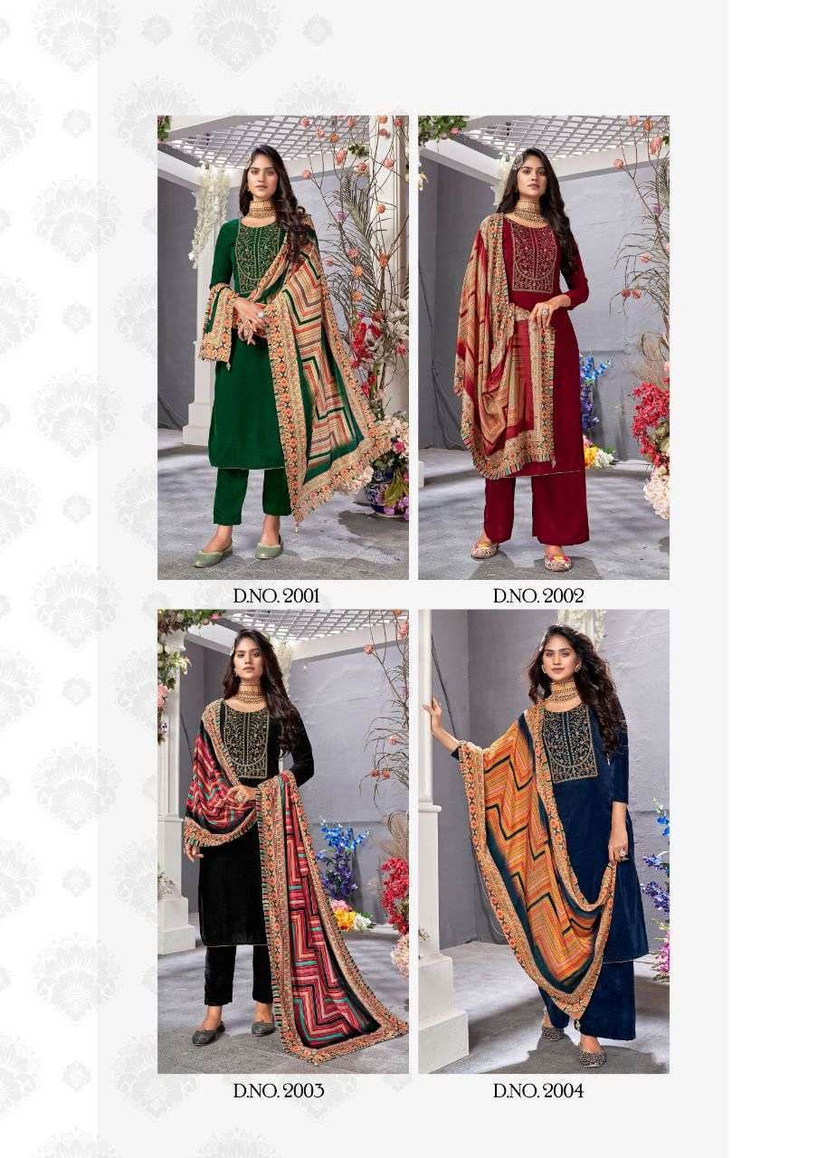 AMIRAA VOL-2 BY BIPSON 2001 TO 2004 SERIES BEAUTIFUL STYLISH SUITS FANCY COLORFUL CASUAL WEAR & ETHNIC WEAR & READY TO WEAR PURE VISCOSE VELVET EMBROIDERED DRESSES AT WHOLESALE PRICE