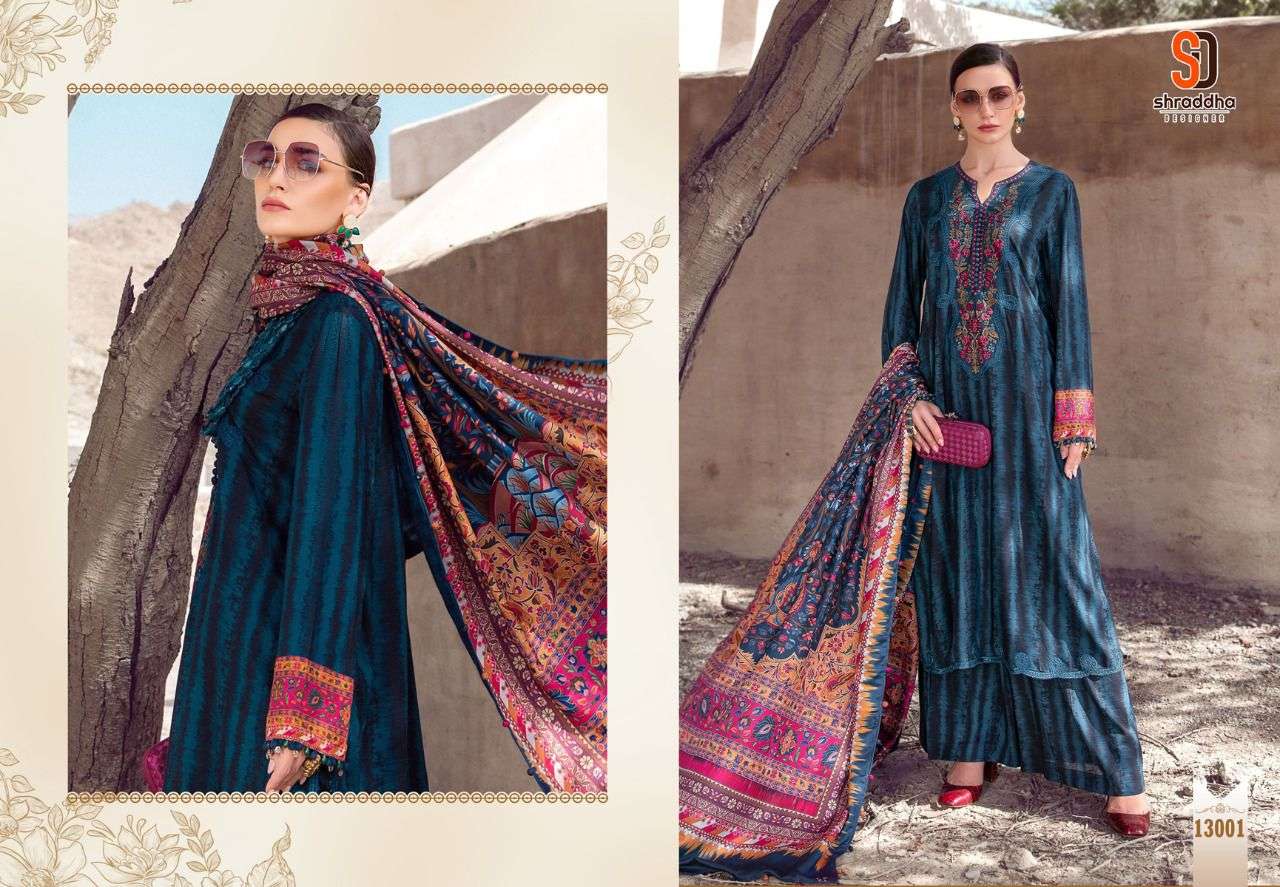 M PRINT VOL-13 BY SHRADDHA DESIGNER 13001 TO 13004 DESIGNER PAKISTANI SUITS BEAUTIFUL FANCY STYLISH COLORFUL PARTY WEAR & OCCASIONAL WEAR LAWN COTTON PRINTED WITH EMBROIDERY DRESSES AT WHOLESALE PRICE