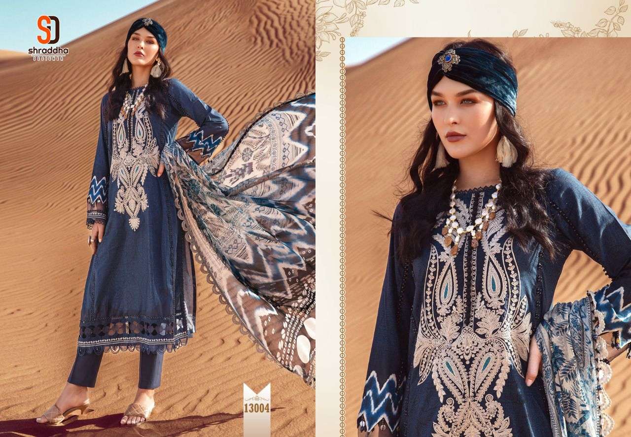 M PRINT VOL-13 BY SHRADDHA DESIGNER 13001 TO 13004 DESIGNER PAKISTANI SUITS BEAUTIFUL FANCY STYLISH COLORFUL PARTY WEAR & OCCASIONAL WEAR LAWN COTTON PRINTED WITH EMBROIDERY DRESSES AT WHOLESALE PRICE