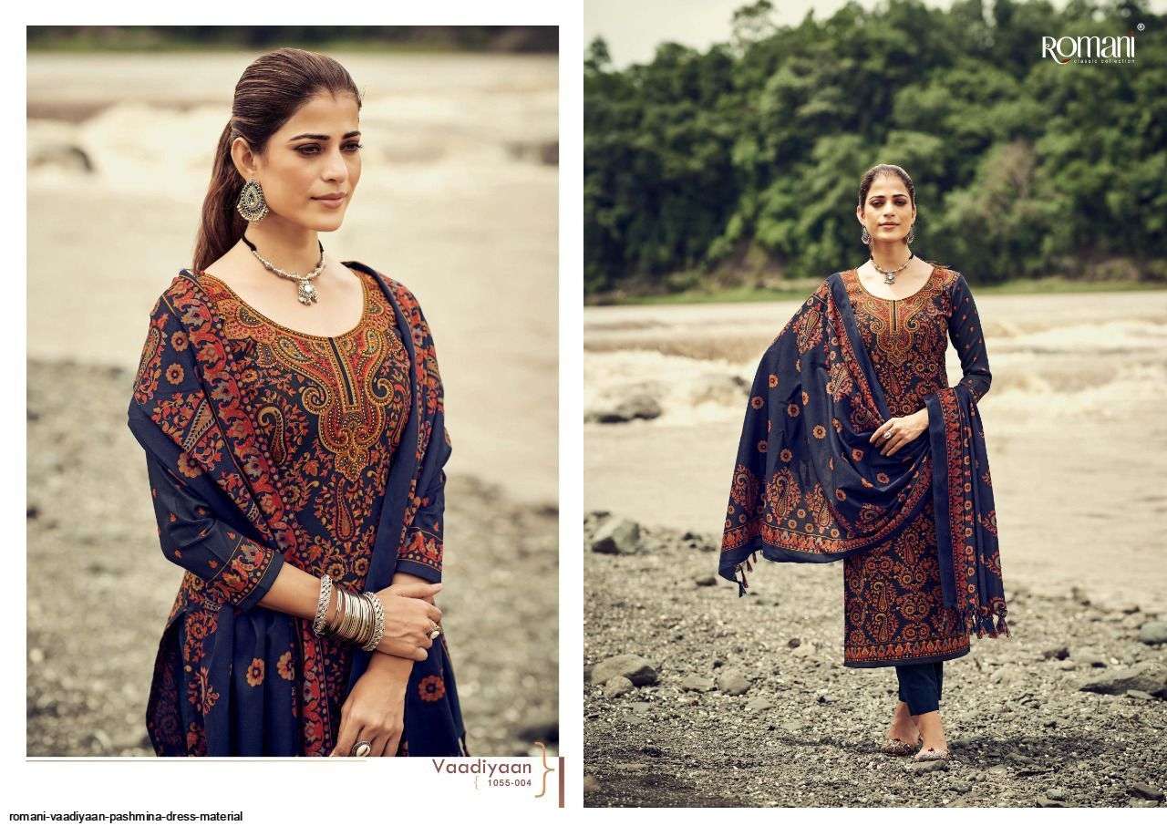 VAADIYAAN BY ROMANI 1055-001 TO 1055-010 SERIES DESIGNER SUITS COLLECTION BEAUTIFUL STYLISH COLORFUL FANCY PARTY WEAR & OCCASIONAL WEAR PASHMINA WITH WORK DRESSES AT WHOLESALE PRICE
