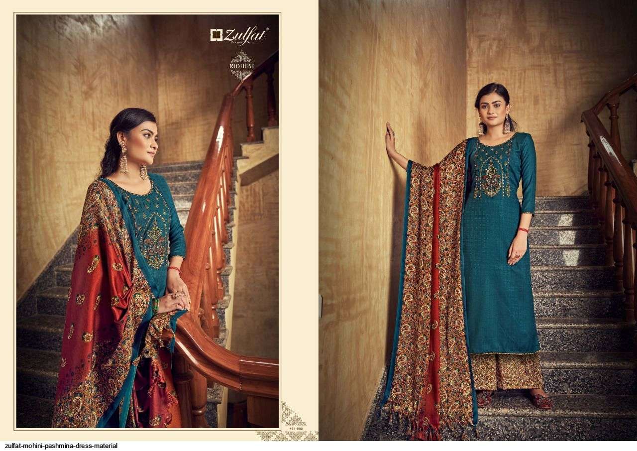 MOHINI 461 SERIES BY ZULFAT 461-001 TO 461-010 SERIES DESIGNER SUITS COLLECTION BEAUTIFUL STYLISH COLORFUL FANCY PARTY WEAR & OCCASIONAL WEAR PASHMINA WITH WORK DRESSES AT WHOLESALE PRICE