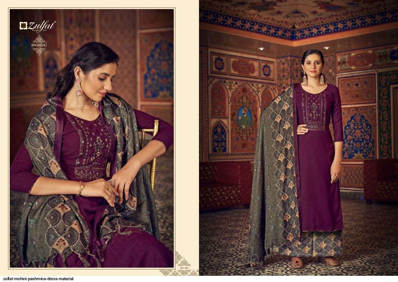 MOHINI 461 SERIES BY ZULFAT 461-001 TO 461-010 SERIES DESIGNER SUITS COLLECTION BEAUTIFUL STYLISH COLORFUL FANCY PARTY WEAR & OCCASIONAL WEAR PASHMINA WITH WORK DRESSES AT WHOLESALE PRICE