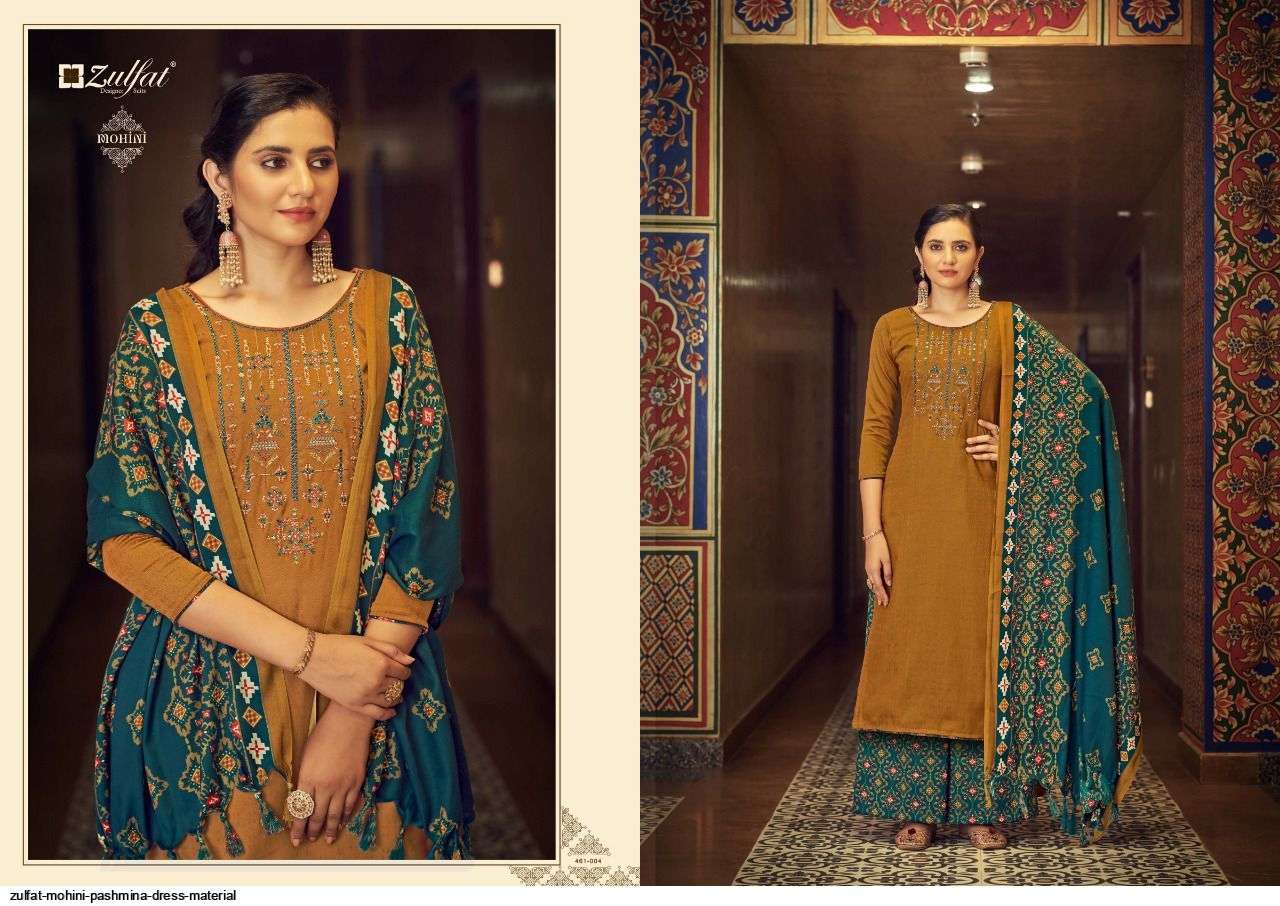 MOHINI 461 SERIES BY ZULFAT 461-001 TO 461-010 SERIES DESIGNER SUITS COLLECTION BEAUTIFUL STYLISH COLORFUL FANCY PARTY WEAR & OCCASIONAL WEAR PASHMINA WITH WORK DRESSES AT WHOLESALE PRICE
