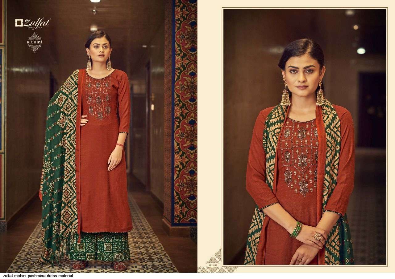MOHINI 461 SERIES BY ZULFAT 461-001 TO 461-010 SERIES DESIGNER SUITS COLLECTION BEAUTIFUL STYLISH COLORFUL FANCY PARTY WEAR & OCCASIONAL WEAR PASHMINA WITH WORK DRESSES AT WHOLESALE PRICE