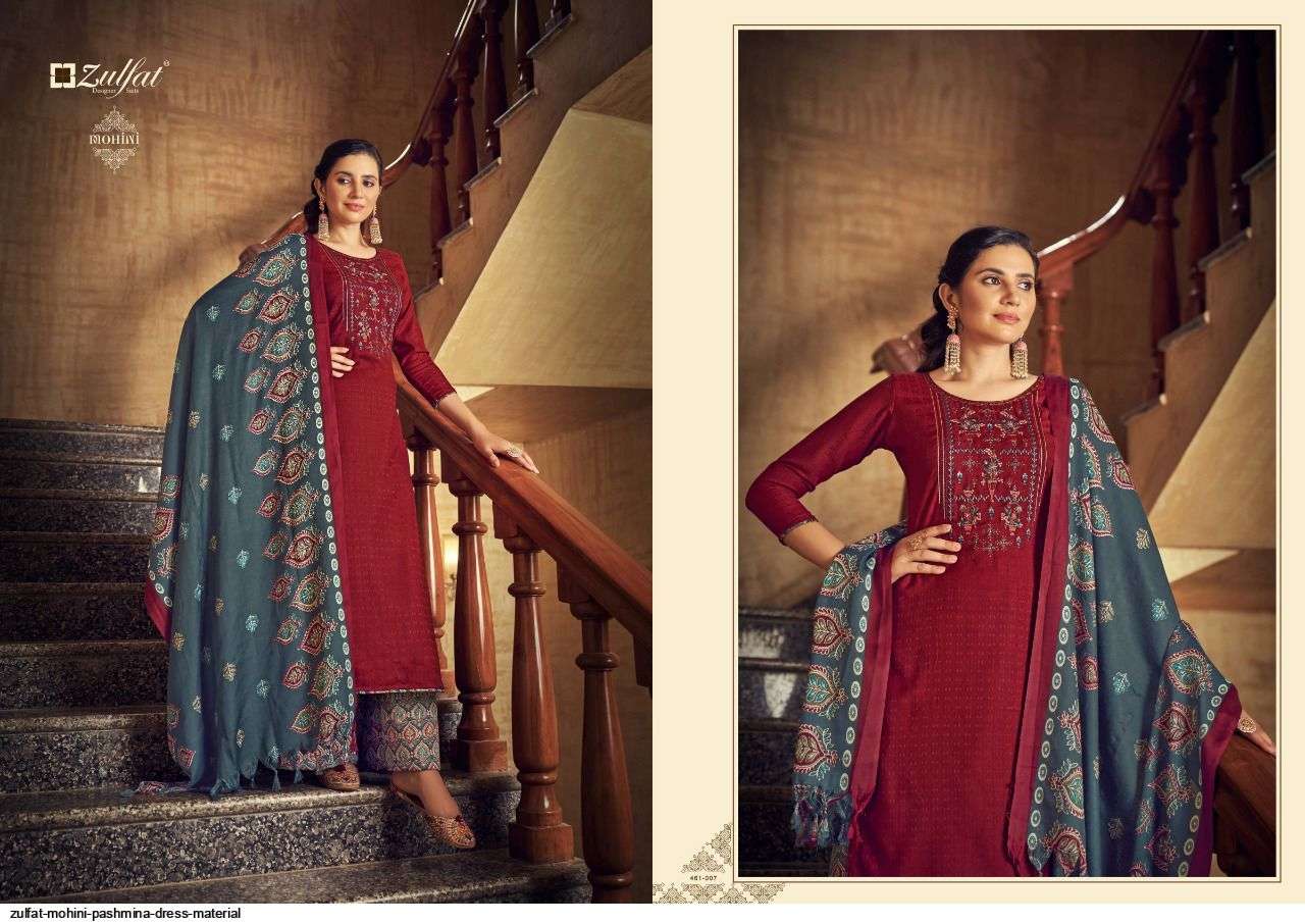 MOHINI 461 SERIES BY ZULFAT 461-001 TO 461-010 SERIES DESIGNER SUITS COLLECTION BEAUTIFUL STYLISH COLORFUL FANCY PARTY WEAR & OCCASIONAL WEAR PASHMINA WITH WORK DRESSES AT WHOLESALE PRICE