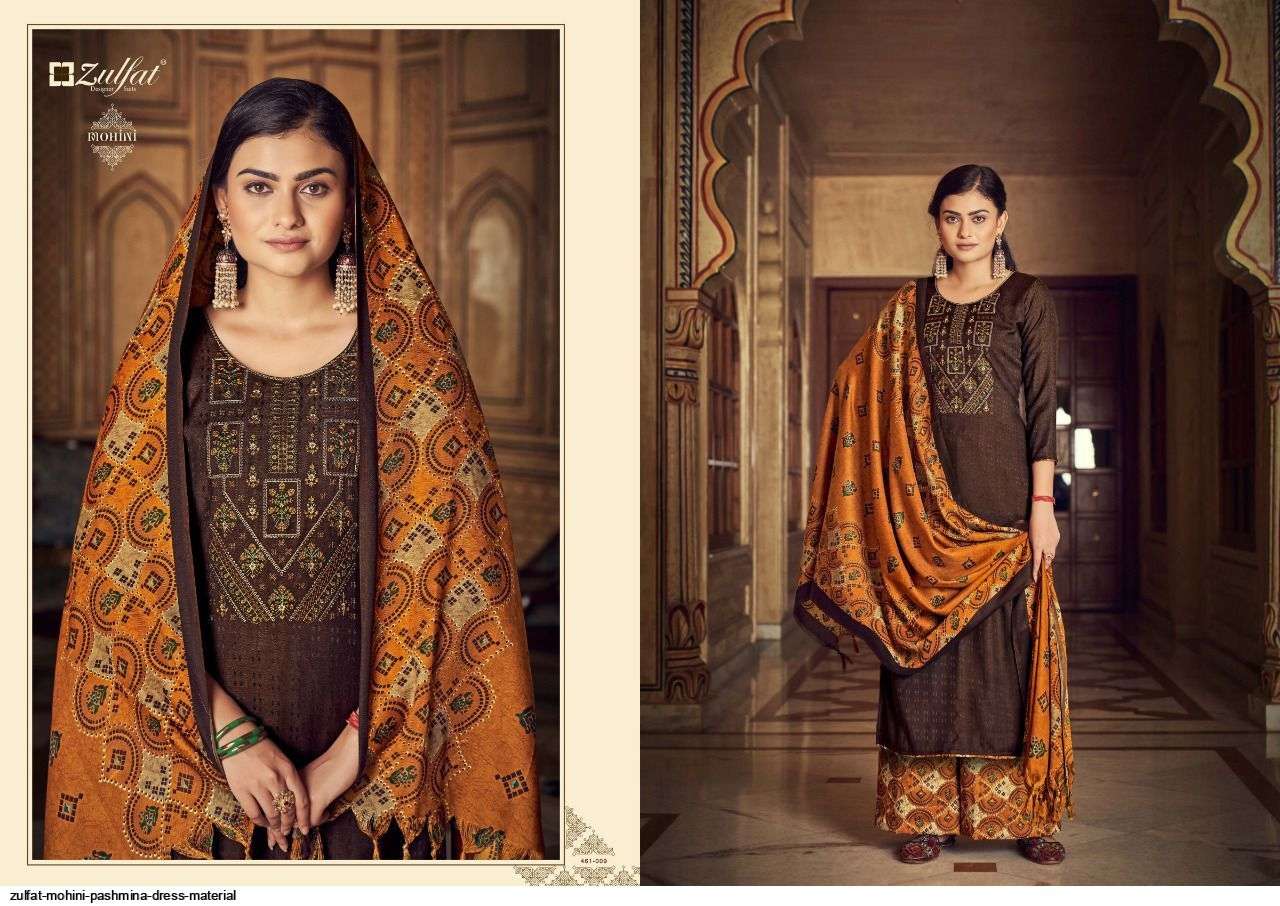 MOHINI 461 SERIES BY ZULFAT 461-001 TO 461-010 SERIES DESIGNER SUITS COLLECTION BEAUTIFUL STYLISH COLORFUL FANCY PARTY WEAR & OCCASIONAL WEAR PASHMINA WITH WORK DRESSES AT WHOLESALE PRICE